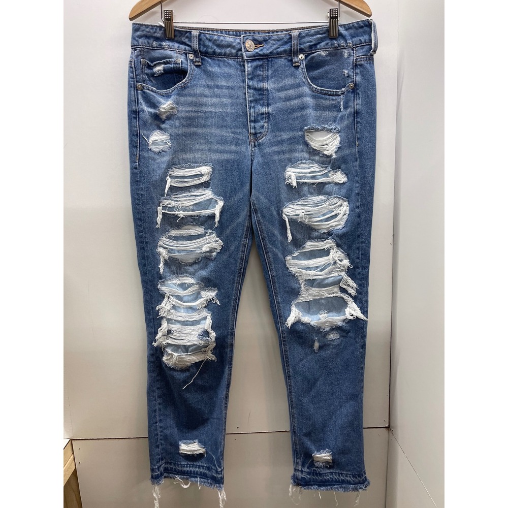 American Eagle Tomgirl Distressed High Rise Jeans Medium Wash Blue 12 Regular